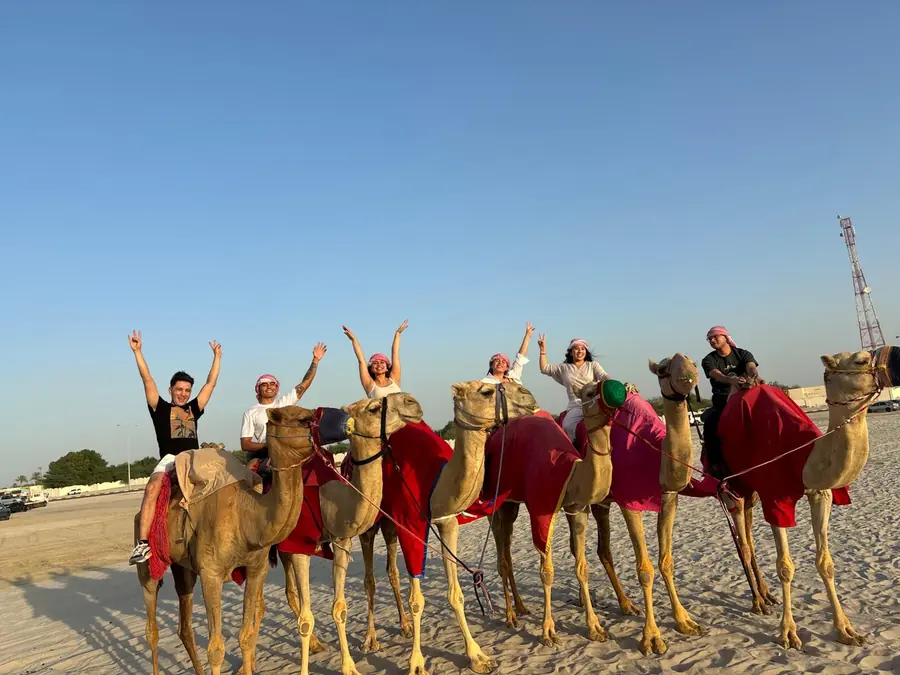 A line of guests riding camels along the beach